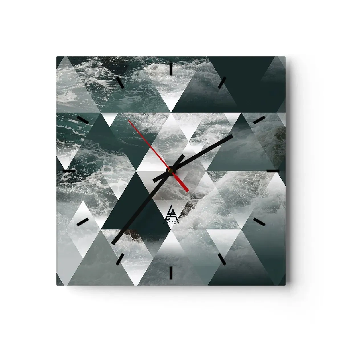 Reloj de pared - Reloj de vidrio - Patrón geométrico con motivo de ondas en tonos verdes. - 30x30cm - Una perspectiva de cristal - Decoración de pared moderna para salón y dormitorio ARTTOR