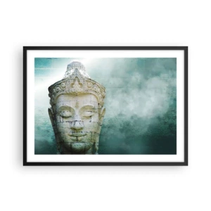 Póster en marco negro - Estatua de Buda con una suave niebla sobre un fondo verde. - 70x50cm - Buscando la luz - Decoración de pared moderna para salón y dormitorio ARTTOR