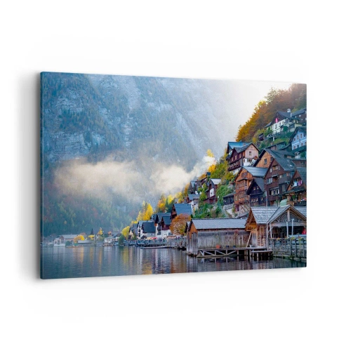 Cuadro sobre lienzo - Impresión de Imagen - Un pueblo de montaña junto a un lago en un paisaje otoñal. - 100x70cm - Ambiente alpino - Decoración de pared moderna para salón y dormitorio ARTTOR