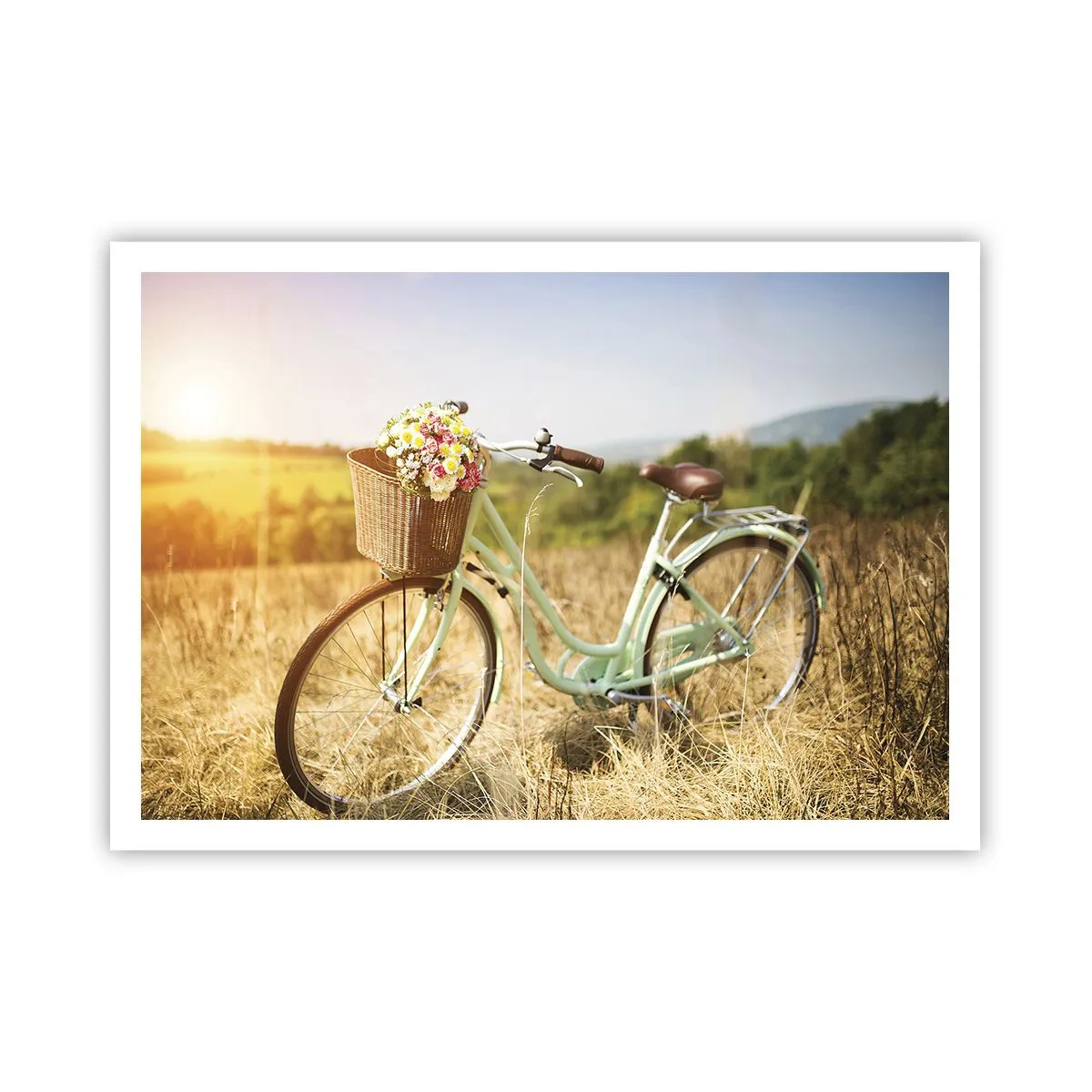 Póster - Una bicicleta retro con una cesta llena de flores sobre un fondo de pradera. - 100x70cm - Me quedaré aquí un tiempo - Decoración de pared moderna para salón y dormitorio ARTTOR