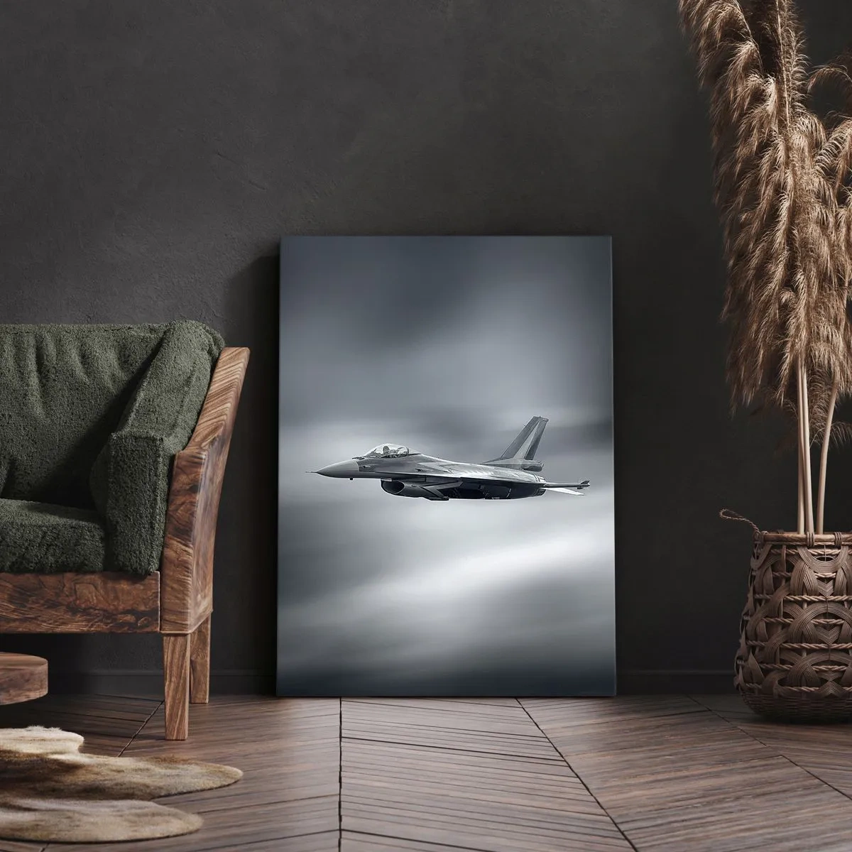 Cuadro sobre lienzo - Impresión de Imagen - Un avión de combate en vuelo contra un cielo nublado. - 50x70cm - ¿Quieres un reto? - Decoración de pared moderna para salón y dormitorio ARTTOR