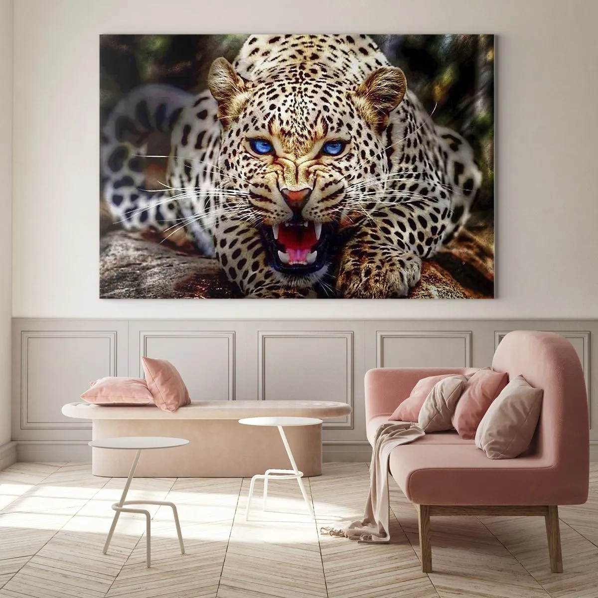 Cuadro sobre vidrio - Impresiones sobre Vidrio - Un feroz leopardo de ojos azules en estado salvaje. - 120x80cm - La ira no daña la belleza - Decoración de pared moderna para salón y dormitorio ARTTOR