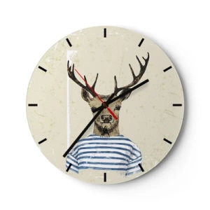 Reloj de pared - Reloj de vidrio - Un ciervo de dibujos animados con ropa a rayas sobre un fondo beige. - 30x30cm - Porque me gustan las camisas de rayas - Decoración de pared moderna para salón, cocina y dormitorio ARTTOR