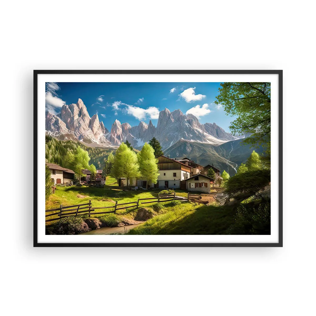 Póster en marco negro - Un pueblo de montaña con casas y vistas a los Alpes. - 100x70cm - Idilio alpino - Decoración de pared moderna para salón y dormitorio ARTTOR