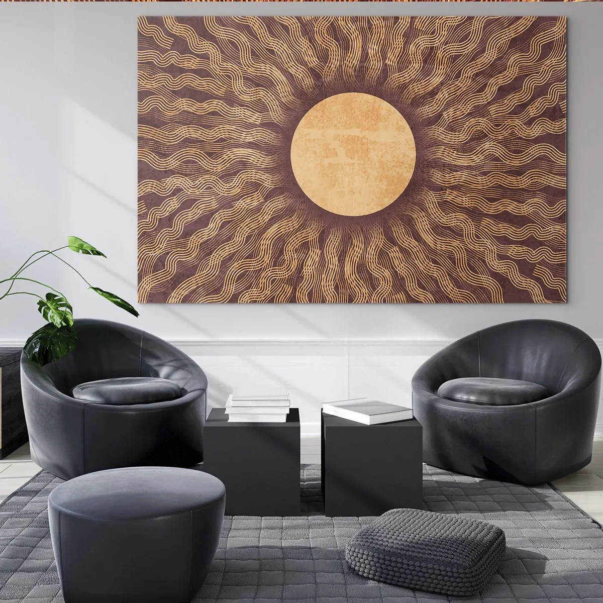 Cuadro sobre vidrio - Impresiones sobre Vidrio - Un sol estilizado con rayos en forma de líneas onduladas sobre un fondo marrón. - 120x80cm - Icono del sol - Decoración de pared moderna para salón y dormitorio ARTTOR