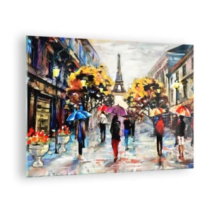 Cuadro sobre vidrio - Impresiones sobre Vidrio - La Torre Eiffel al fondo de gente paseando bajo paraguas de colores. - 70x50cm - Especialmente hermoso en otoño - Decoración de pared moderna para salón y dormitorio ARTTOR