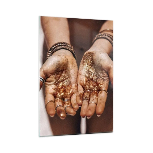 Cuadro sobre vidrio - Impresiones sobre Vidrio - Primer plano de manos con purpurina en tonos cálidos. - 80x120cm - Un regalo para ti - Decoración de pared moderna para salón y dormitorio ARTTOR