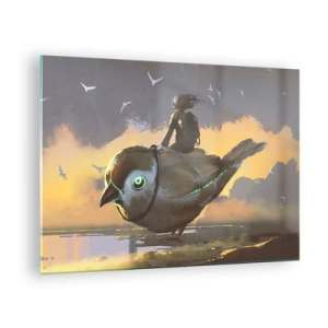 Cuadro sobre vidrio - Impresiones sobre Vidrio - Una figura de un pájaro gigante a la luz del sol poniente. - 70x50cm - Una parada en un viaje fantástico - Decoración de pared moderna para salón y dormitorio ARTTOR