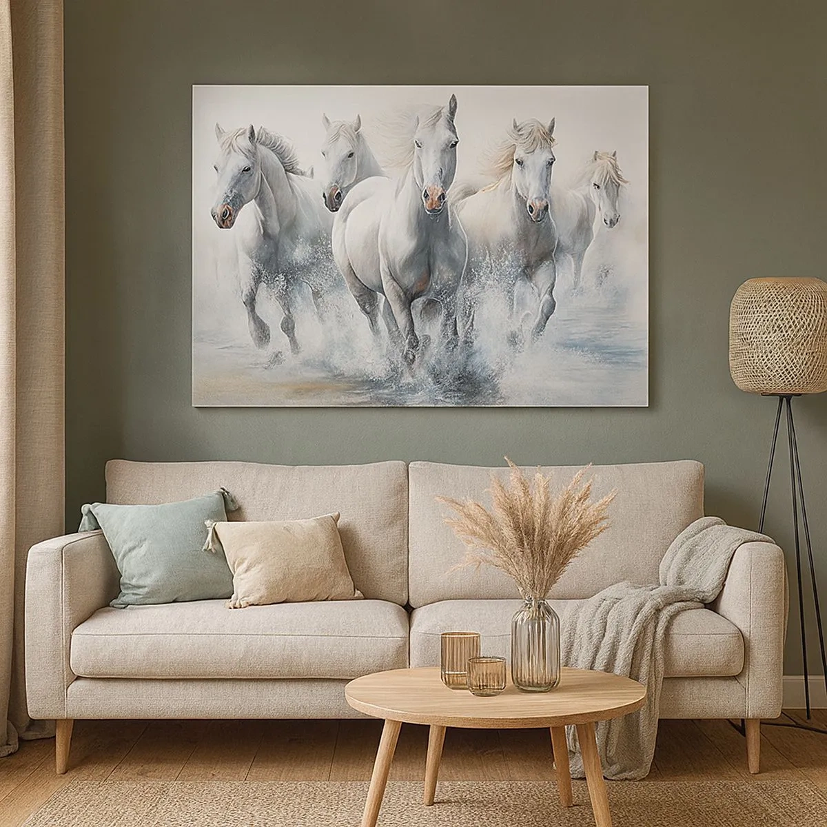 Cuadro sobre lienzo - Impresión de Imagen - Caballos blancos galopando por el agua - 70x50cm - Magia blanca - Decoración de pared moderna para salón y dormitorio ARTTOR