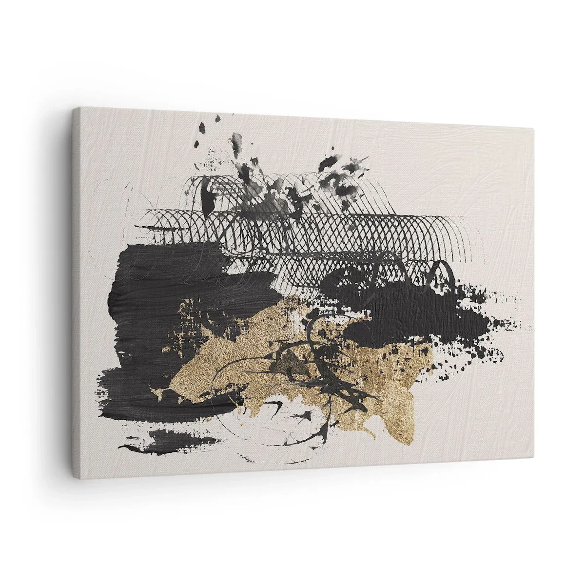 Cuadro sobre lienzo - Impresión de Imagen - Una pintura abstracta en negro y dorado con líneas y estructuras dinámicas. - 70x50cm - Composición con pasión - Decoración de pared moderna para salón y dormitorio ARTTOR