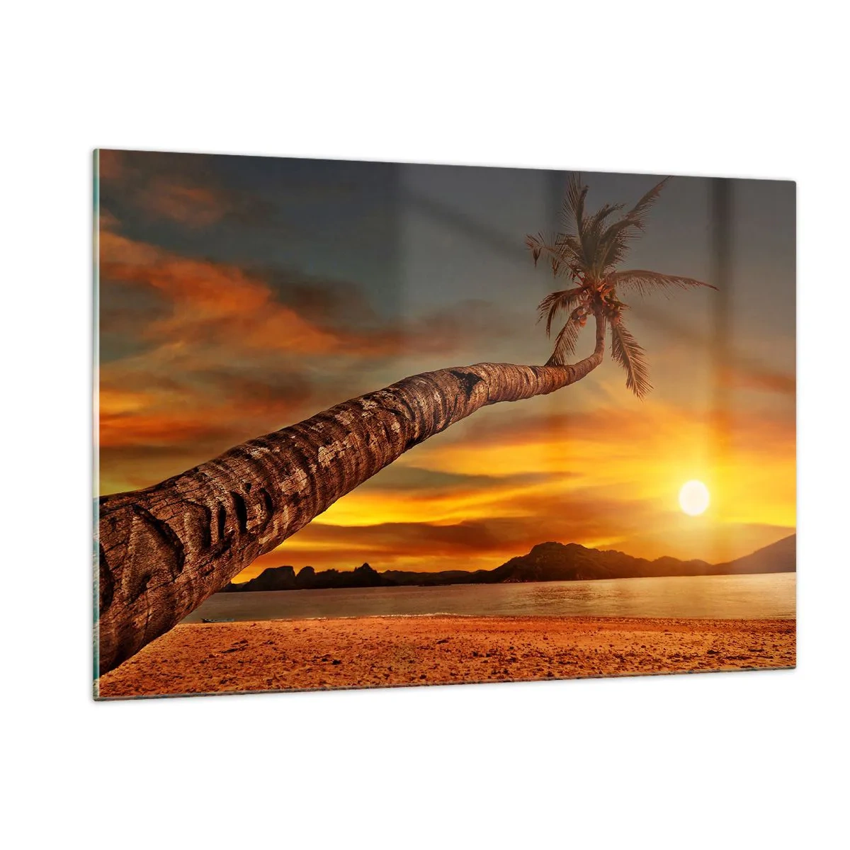 Cuadro sobre vidrio - Impresiones sobre Vidrio - Palmera en una playa tropical al atardecer - 120x80cm - Vacaciones exóticas, aventura en el Caribe - Decoración de pared moderna para salón y dormitorio ARTTOR
