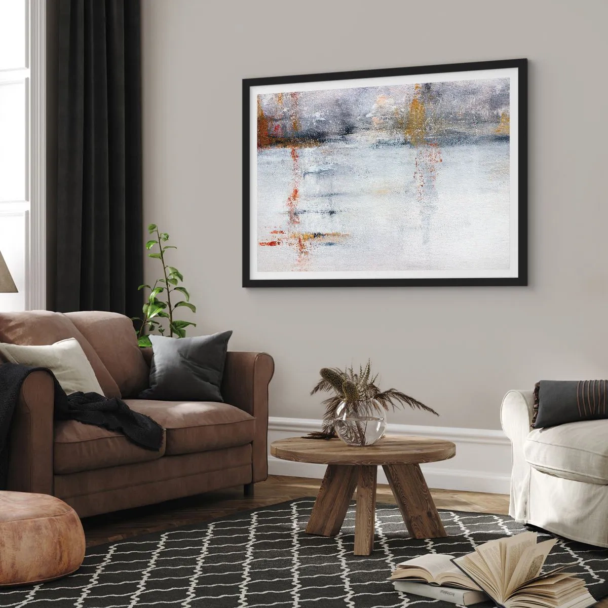 Póster en marco negro - Un paisaje abstracto con acentos borrosos de gris y dorado. - 100x70cm - Tras una cortina de aire - Decoración de pared moderna para salón y dormitorio ARTTOR