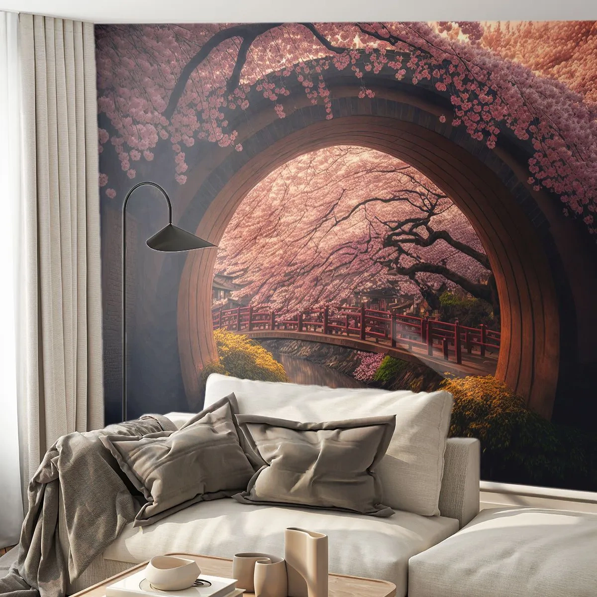 Fotomural Premium Sand - Un puente y un túnel entre cerezos en flor sobre el canal. - 100x70cm - Primavera japonesa - Decoración de pared moderna para salón y dormitorio ARTTOR