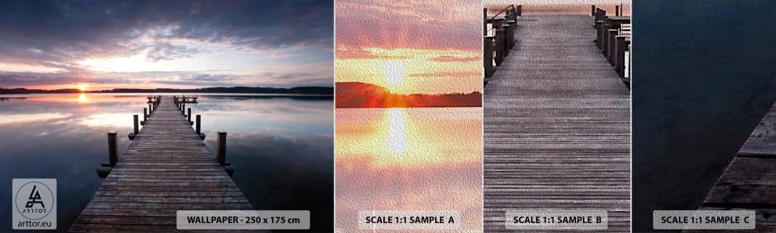 Muestra de fotomural Premium Sand - Frontera silenciosa del día y la noche - Paisaje, Lago, Atardecer - 100x30 cm