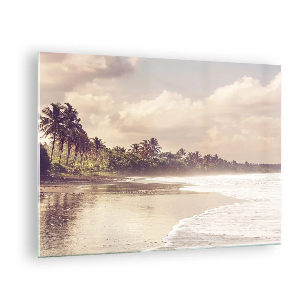Cuadro sobre vidrio - Impresiones sobre Vidrio - Una playa dorada con palmeras y un océano en calma bajo la suave luz. - 70x50cm - La caricia de las olas - Decoración de pared moderna para salón y dormitorio ARTTOR