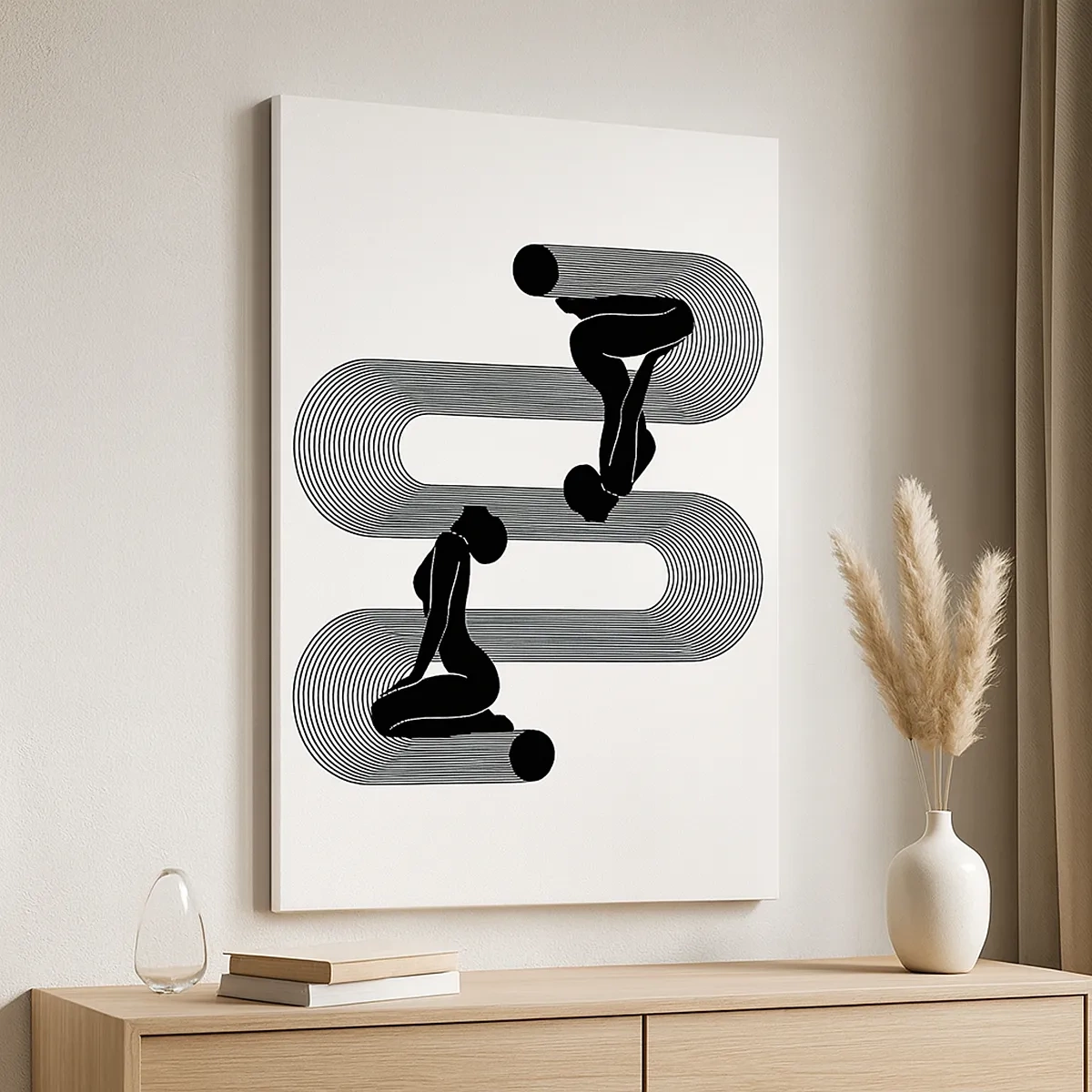 Cuadro sobre lienzo - Impresión de Imagen - Siluetas negras con líneas geométricas sobre un fondo claro - 50x70cm - Simetría sensual - Decoración de pared moderna para salón y dormitorio ARTTOR