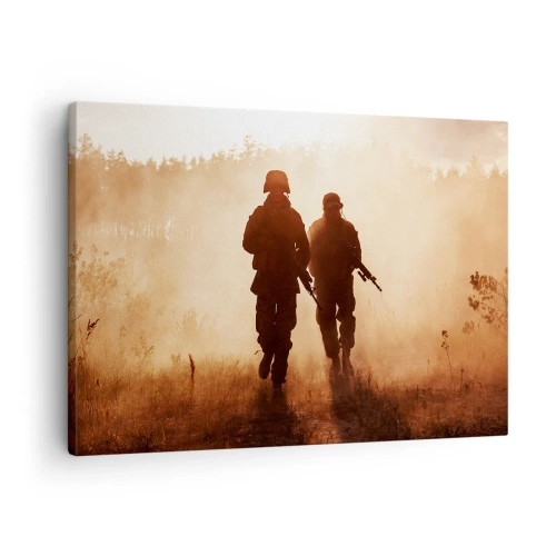 Cuadro sobre lienzo - Impresión de Imagen - Soldados marchando en la niebla matutina con la naturaleza como telón de fondo - 70x50cm - Llamada del deber - Decoración de pared moderna para salón y dormitorio ARTTOR