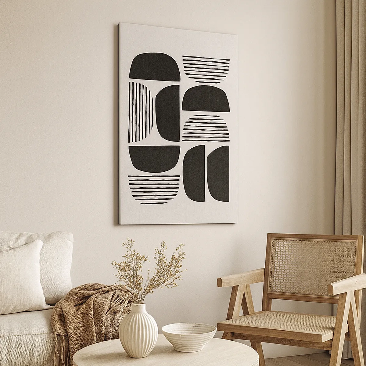 Cuadro sobre lienzo - Impresión de Imagen - Geometría con semicírculos y líneas en negro sobre fondo claro. - 50x70cm - Arreglos a medias - Decoración de pared moderna para salón y dormitorio ARTTOR