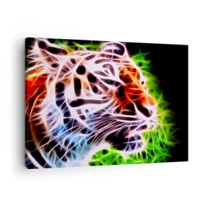 Cuadro sobre lienzo - Impresión de Imagen - Retrato artístico colorido de un tigre en estilo neón sobre fondo negro. - 70x50cm - Un aura amenazante - Decoración de pared moderna para salón y dormitorio ARTTOR