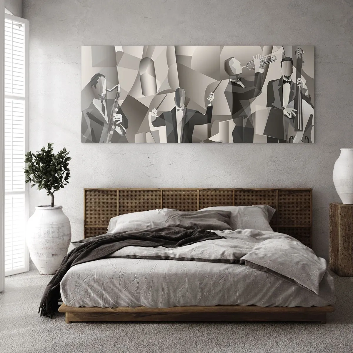 Cuadro sobre vidrio - Impresiones sobre Vidrio - Escena abstracta con músicos de jazz en tonos de gris. - 160x50cm - En el espacio de los sonidos - Decoración de pared moderna para salón y dormitorio ARTTOR