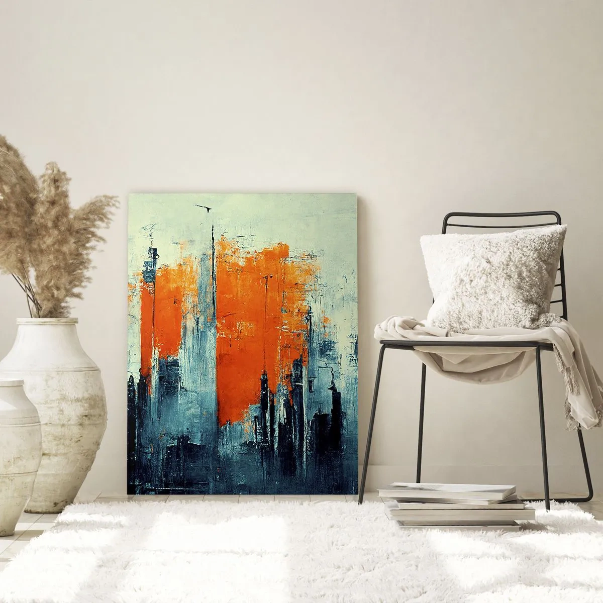 Cuadro sobre vidrio - Impresiones sobre Vidrio - Un panorama urbano moderno en tonos grises y naranjas. - 50x70cm - Paisaje moderno - Decoración de pared moderna para salón y dormitorio ARTTOR