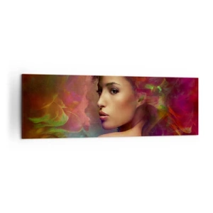 Cuadro sobre lienzo - Impresión de Imagen - Una mujer con reflejos coloridos creando un fondo abstracto. - 160x50cm - Más hermosa que un arco iris, tan delicada como la niebla - Decoración de pared moderna para salón y dormitorio ARTTOR