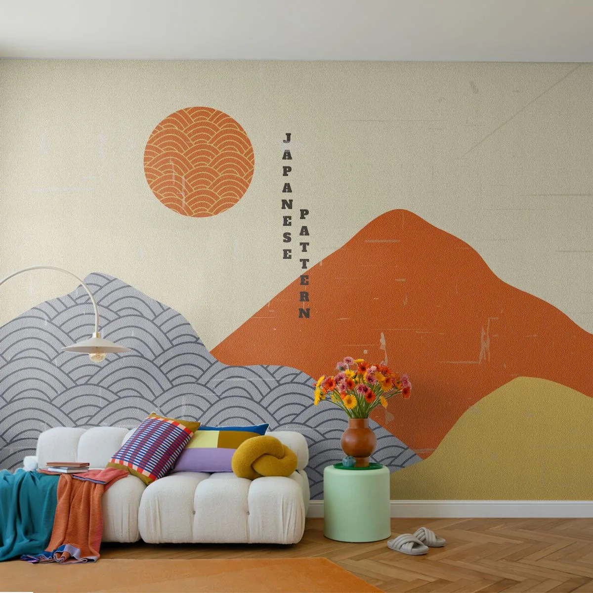 Fotomural Premium Sand - Patrón japonés con montañas y sol en estilo geométrico. - 100x70cm - En el espíritu japonés - Decoración de pared moderna para salón y dormitorio ARTTOR
