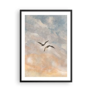 Póster en marco negro - Dos pájaros volando contra el cielo, en delicados tonos azules y naranjas. - 50x70cm - Danza del cielo - Decoración de pared moderna para salón y dormitorio ARTTOR