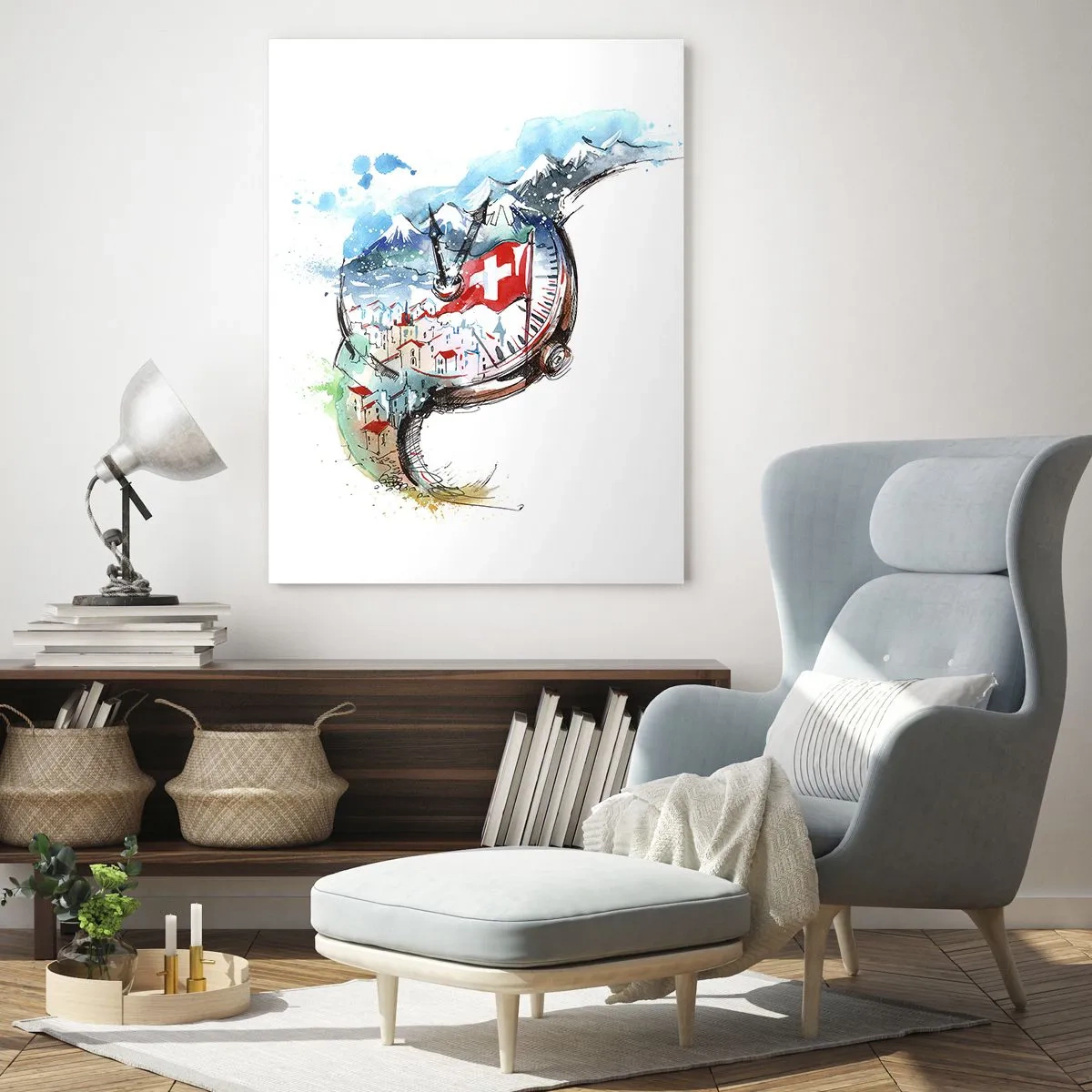 Cuadro sobre vidrio - Impresiones sobre Vidrio - Pintura de acuarela de un paisaje suizo con una bandera y un reloj. - 50x70cm - El espíritu de Suiza - Decoración de pared moderna para salón y dormitorio ARTTOR