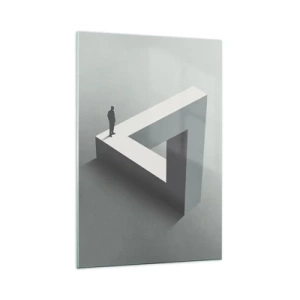 Cuadro sobre vidrio - Impresiones sobre Vidrio - Una figura parada sobre un triángulo de Penrose en tonos de gris. - 70x100cm - Y, sin embargo, es posible - Decoración de pared moderna para salón y dormitorio ARTTOR