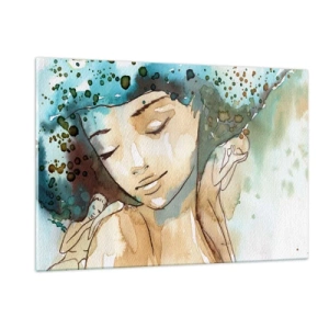 Cuadro sobre vidrio - Impresiones sobre Vidrio - Retrato en acuarela de una mujer con los ojos cerrados. - 120x80cm - Dama de azul - Decoración de pared moderna para salón y dormitorio ARTTOR