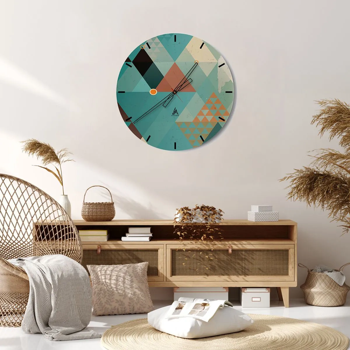 Reloj de pared - Reloj de vidrio - Una composición geométrica de triángulos en tonos verdes y beige. - 30x30cm - Uno para todos y todos para uno - Decoración de pared moderna para salón, cocina y dormitorio ARTTOR