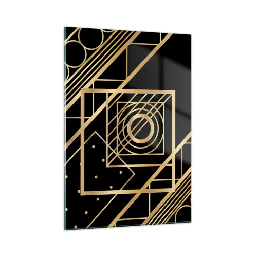 Cuadro sobre vidrio - Impresiones sobre Vidrio - Patrones geométricos dorados sobre un fondo negro - 50x70cm - Geometría dorada - Decoración de pared moderna para salón y dormitorio ARTTOR
