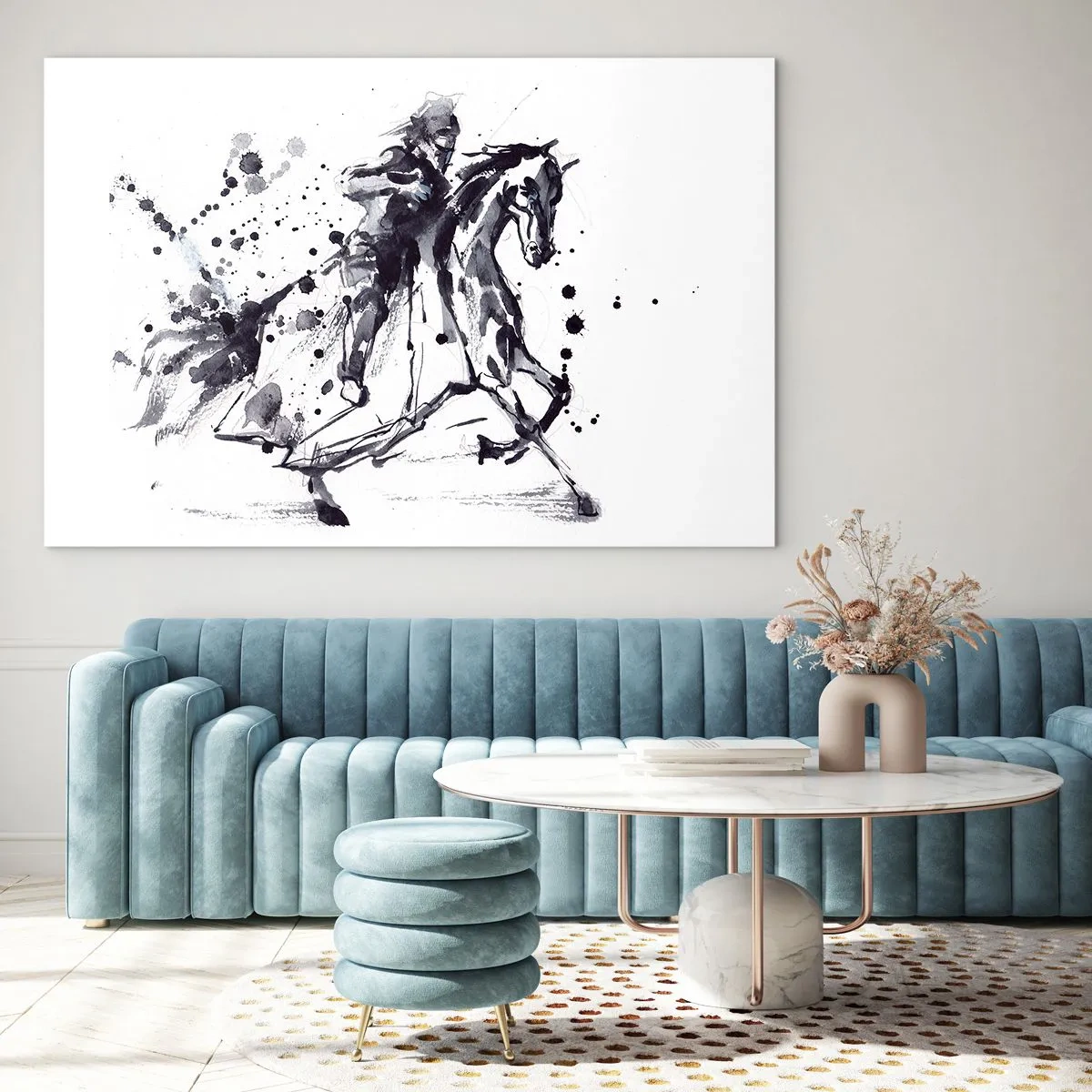 Cuadro sobre vidrio - Impresiones sobre Vidrio - Pintura en blanco y negro de un jinete a caballo en estilo abstracto. - 120x80cm - Caballero negro - Decoración de pared moderna para salón y dormitorio ARTTOR