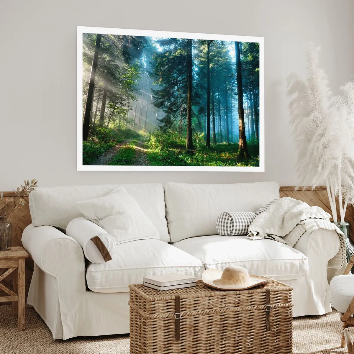 Póster - Un sendero forestal iluminado por los rayos del sol de la mañana. - 100x70cm - Radiante por la mañana - Decoración de pared moderna para salón y dormitorio ARTTOR