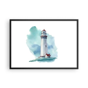 Póster en marco negro - Un faro sobre un fondo azul de acuarela. - 70x50cm - Gentil hermana del azul - Decoración de pared moderna para salón y dormitorio ARTTOR