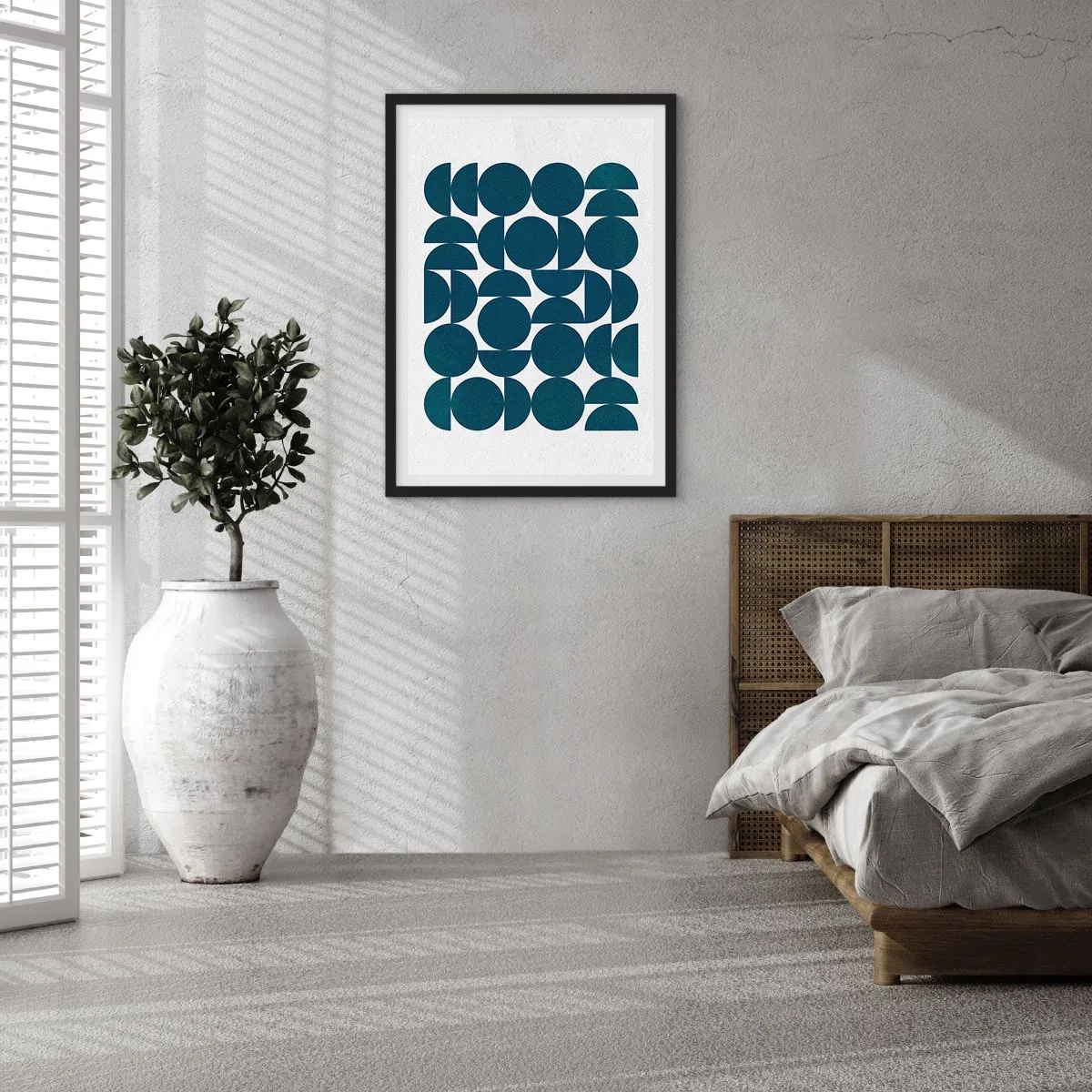 Póster en marco negro - Composición geométrica con círculos azules. - 50x70cm - Círculos y semicírculos - Decoración de pared moderna para salón y dormitorio ARTTOR