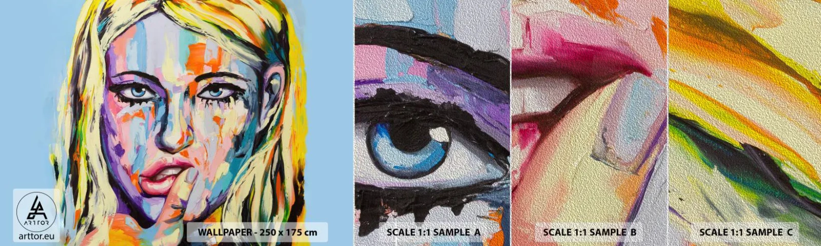 Muestra de fotomural Premium Sand - Mírala a los ojos - Mujer, retrato de una mujer, Chica - 100x30 cm