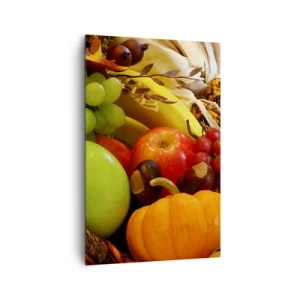 Cuadro sobre lienzo - Impresión de Imagen - Una cesta de frutas, calabazas y maíz sobre un fondo de colores otoñales. - 80x120cm - Cesta de la cosecha - Decoración de pared moderna para salón y dormitorio ARTTOR