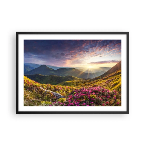 Póster en marco negro - Paisaje de montaña con rododendros en flor - 70x50cm - La frescura de una mañana de montaña - Decoración de pared moderna para salón y dormitorio ARTTOR