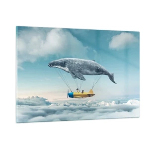 Cuadro sobre vidrio - Impresiones sobre Vidrio - Una ballena eleva un avión por encima de las nubes en un escenario surrealista. - 120x80cm - ¿Por qué no? - Decoración de pared moderna para salón y dormitorio ARTTOR