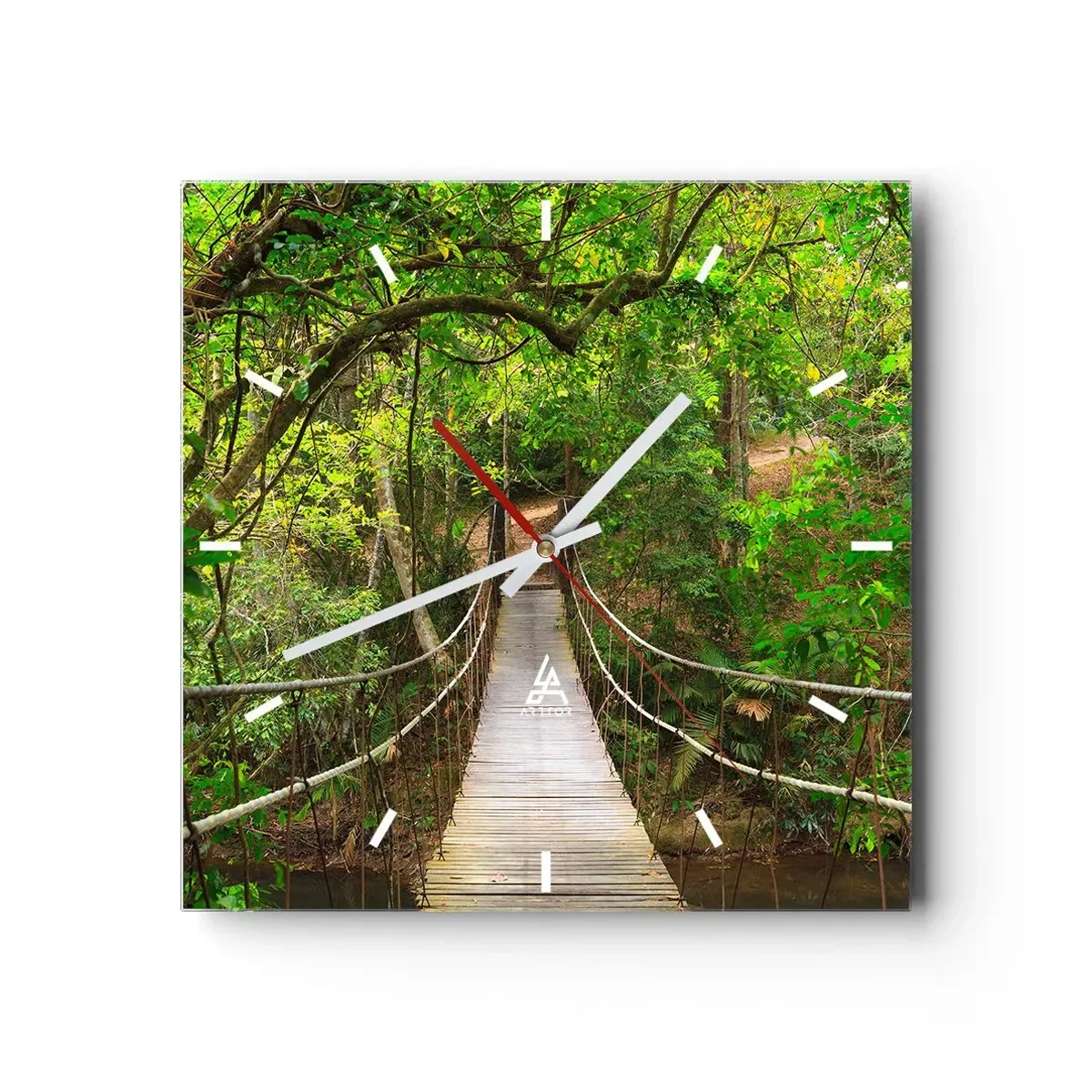 Reloj de pared - Reloj de vidrio - Un puente colgante rodeado de una selva tropical verde. - 30x30cm - Porque la vid crece en el jardín - Decoración de pared moderna para salón y dormitorio ARTTOR