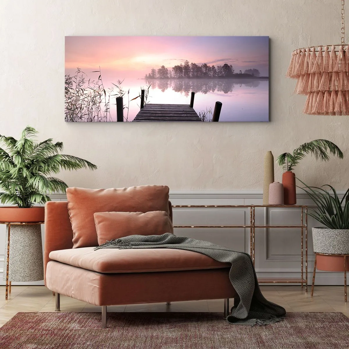 Cuadro sobre lienzo - Impresión de Imagen - Un embarcadero junto al lago al amanecer con niebla y un cielo pastel. - 160x50cm - De la niebla lila... - Decoración de pared moderna para salón y dormitorio ARTTOR