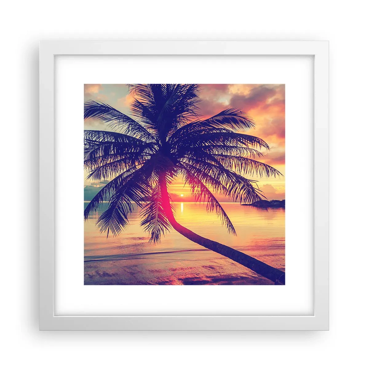 Póster en marco blanco - Atardecer bajo las palmeras - 30x30 cm