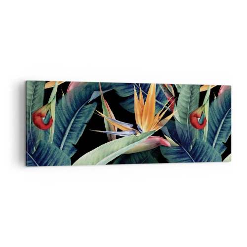 Cuadro sobre lienzo - Impresión de Imagen - Flores y hojas tropicales sobre fondo negro. - 140x50cm - Flores de llamas de los trópicos - Decoración de pared moderna para salón y dormitorio ARTTOR