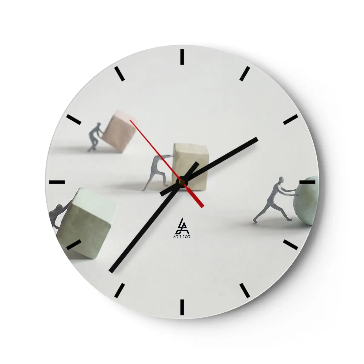 Reloj de pared - Reloj de vidrio - Figuras empujando cubos y una pelota simbolizando el esfuerzo - 30x30cm - El avance de la geometría - Decoración de pared moderna para salón, cocina y dormitorio ARTTOR