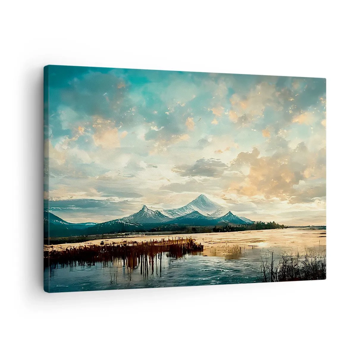 Cuadro sobre lienzo - Impresión de Imagen - Un paisaje pintoresco con una montaña y un lago tranquilo. - 70x50cm - Bajo la protección del cielo - Decoración de pared moderna para salón y dormitorio ARTTOR