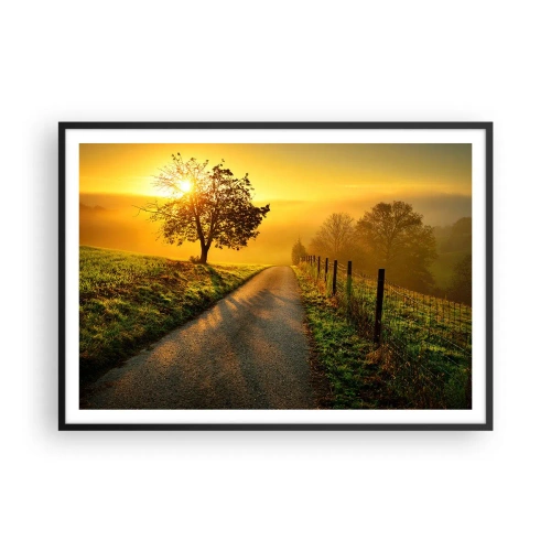 Póster en marco negro - Una pintoresca carretera al atardecer con un árbol solitario al fondo. - 100x70cm - Tarde melosa - Decoración de pared moderna para salón y dormitorio ARTTOR