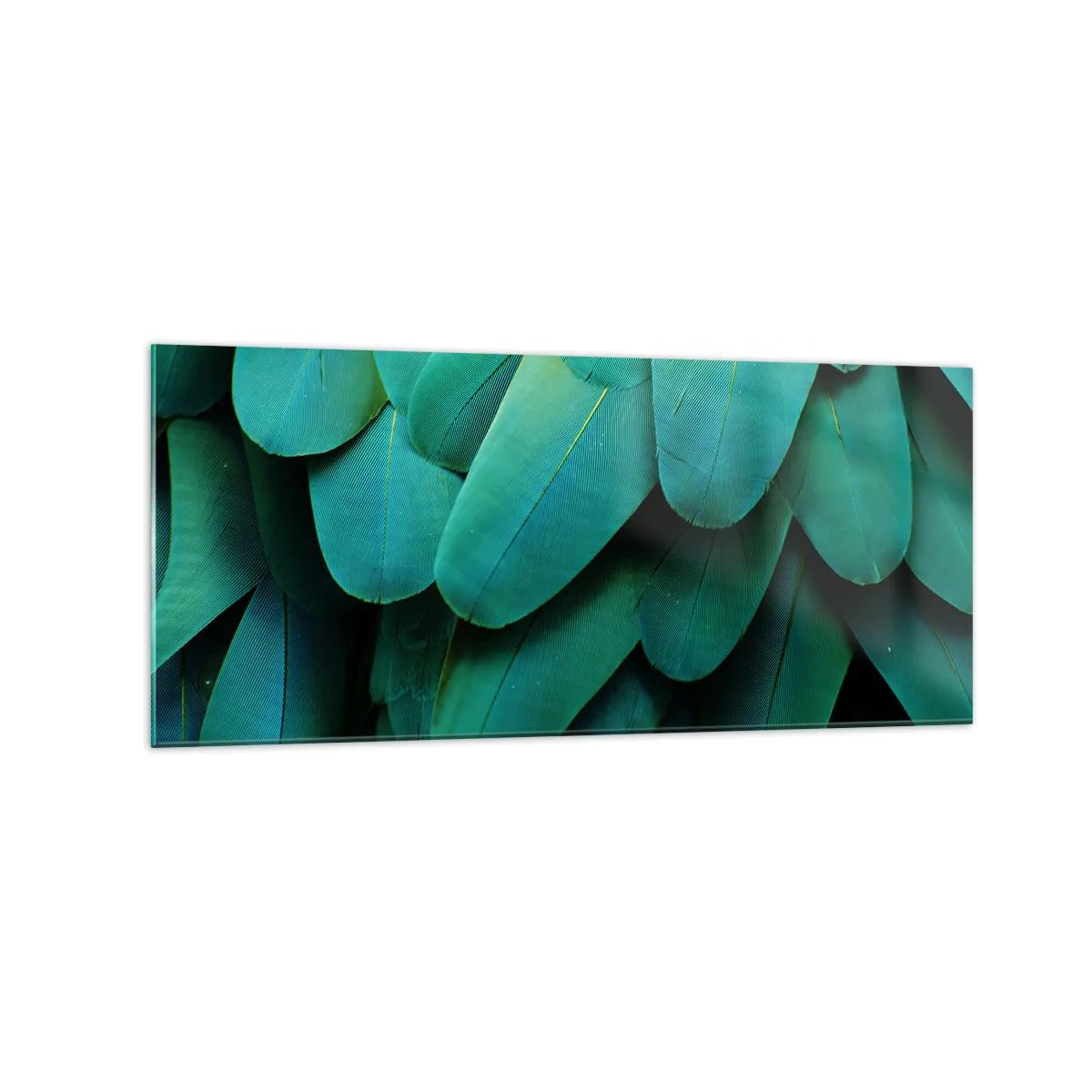 Cuadro sobre vidrio - Impresiones sobre Vidrio - Detalle de plumas en tonos verdes. - 120x50cm - La precisión de la naturaleza - Decoración de pared moderna para salón y dormitorio ARTTOR