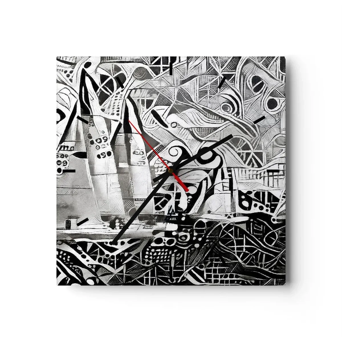 Reloj de pared - Reloj de vidrio - Veleros abstractos en una composición monocromática - 30x30cm - Entre las olas - Decoración de pared moderna para salón y dormitorio ARTTOR